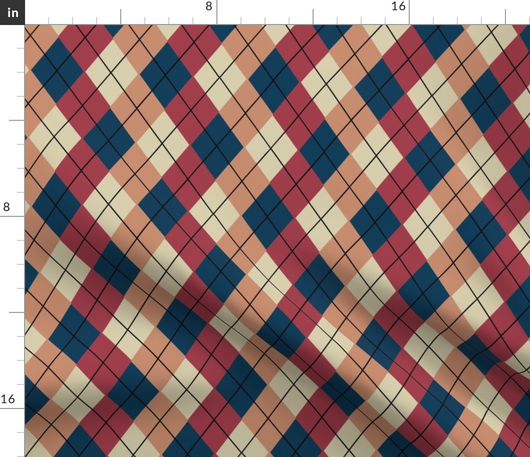 Overlapping Argyle Plaid in Slate Blue Peach and Brick Red on Cream