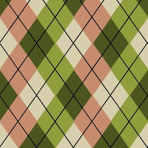 Overlapping Argyle Plaid in Peach Avocado and Lime on Cream