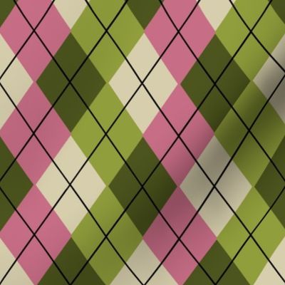 Overlapping Argyle Plaid in Pink Avocado and Lime on Cream
