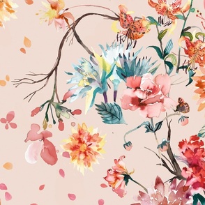 Chinoiserie floral bouquet watercolor - Rose quartz - Jumbo Large - Chinoiserie Floral Wallpaper