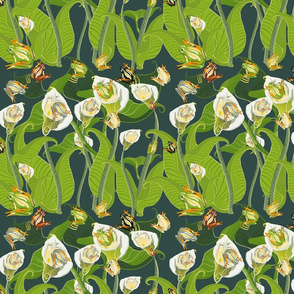 arum lilies and frogs in afternoon grey green medium