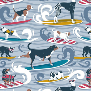 Normal scale // Happy dogs catching waves // pastel blue background darker blue waves brown white and blue doggies yellow red and turquoise surf and bodyboards
