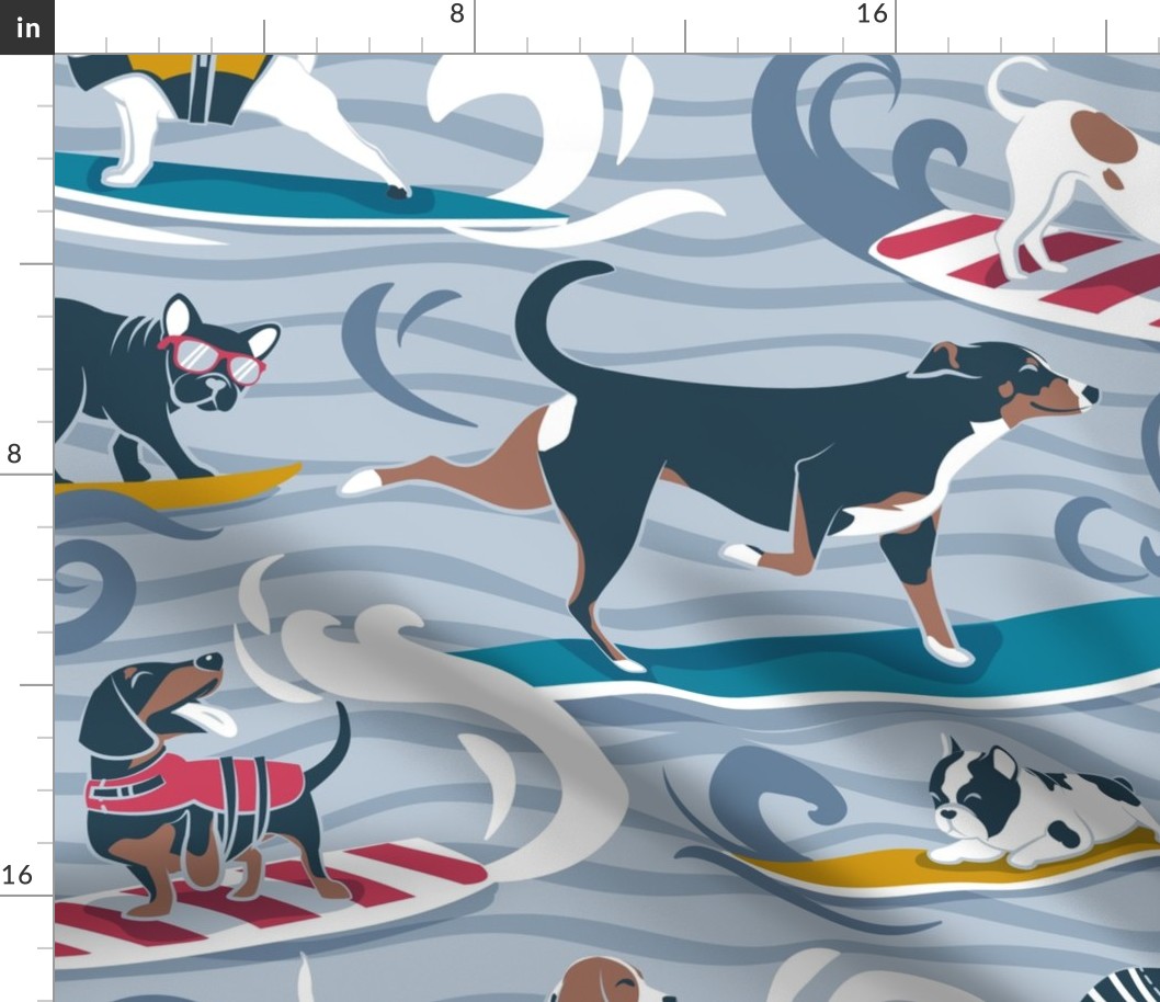 Large jumbo scale // Happy dogs catching waves // pastel blue background darker blue waves brown white and blue doggies yellow red and turquoise surf and bodyboards