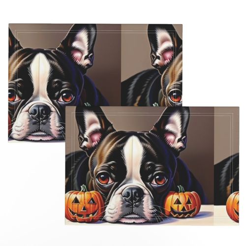 Boston Terrier dog and Halloween pumpkins 18 inch panel