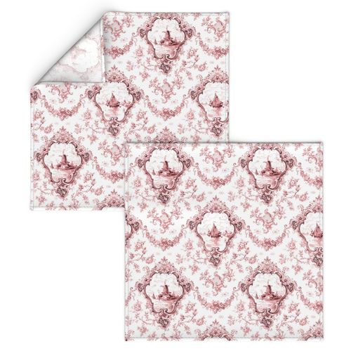 Engraved Floral Toile w/Windmill & Boats-Pink