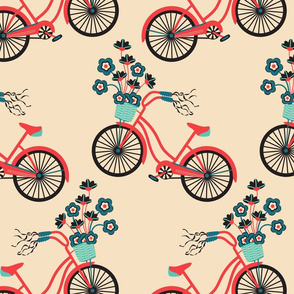 My Bike Mid-Century Modern Retro Vintage Bicycle with Flowers in Red Black Turquoise Blue on Cream - LARGE-Scale - UnBlink Studio by Jackie Tahara