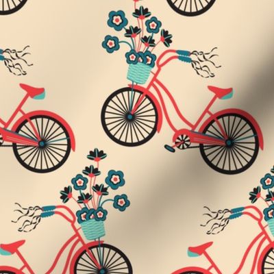 My Bike Mid-Century Modern Retro Vintage Bicycle with Flowers in Red Black Turquoise Blue on Cream - SMALL-Scale - UnBlink Studio by Jackie Tahara