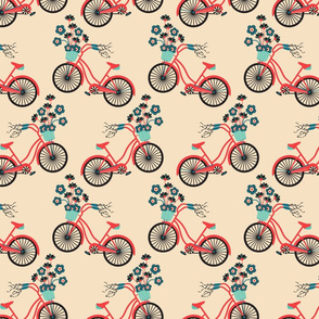 My Bike Mid-Century Modern Retro Vintage Bicycle with Flowers in Red Black Turquoise Blue on Cream - SMALL-Scale - UnBlink Studio by Jackie Tahara