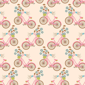 My Bike Mid-Century Modern Retro Vintage Bicycle with Flowers in Pastel Pink Brown Green Blue on Cream - SMALL Scale - UnBlink Studio by Jackie Tahara