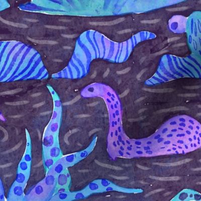 Watercolor Swimming Monsters in the Lake