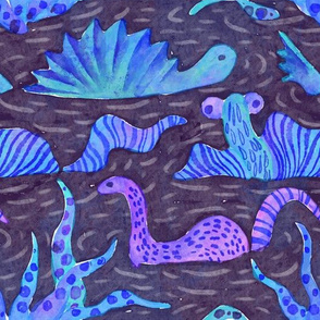 Watercolor Swimming Monsters in the Lake