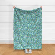 Retro Daisies and Stems on Blue - Bigger Scale