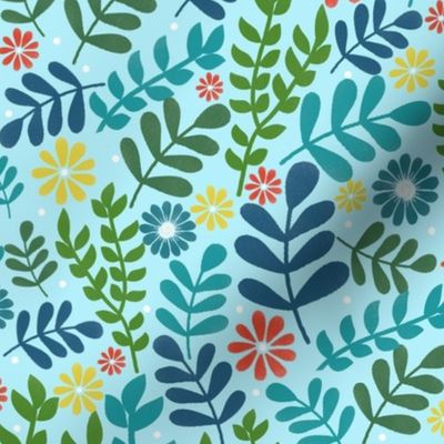 Retro Daisies and Stems on Blue - Bigger Scale