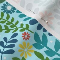 Retro Daisies and Stems on Blue - Bigger Scale