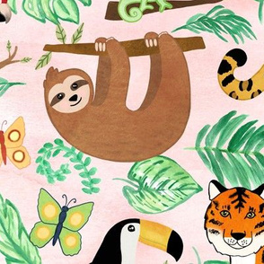 Wild And Wonderful Jungle Friends - Blush Pink Background + Large Scale