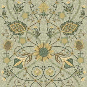 Decorative pattern with sunflower and fantastic flowers on a gray background