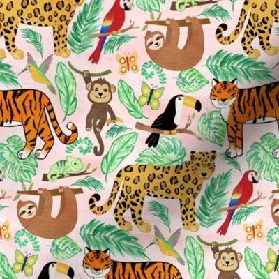 Wild And Wonderful Jungle Friends - Blush Pink Background + Small Scale