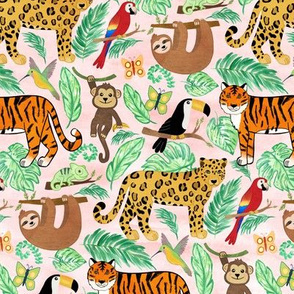 Wild And Wonderful Jungle Friends - Blush Pink Background + Small Scale