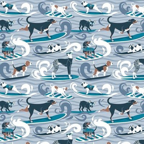 Tiny scale // Happy dogs catching waves // pastel blue background darker blue waves brown white and blue doggies turquoise surf and bodyboards