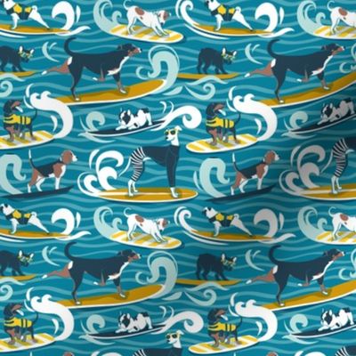 Tiny scale // Happy dogs catching waves // turquoise background aqua waves brown white and blue doggies yellow surf and bodyboards