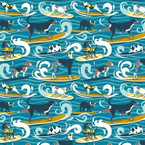 Tiny scale // Happy dogs catching waves // turquoise background aqua waves brown white and blue doggies yellow surf and bodyboards