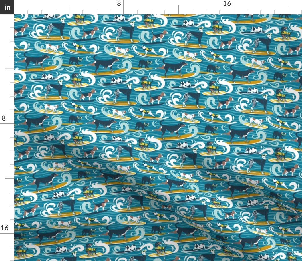 Tiny scale // Happy dogs catching waves // turquoise background aqua waves brown white and blue doggies yellow surf and bodyboards