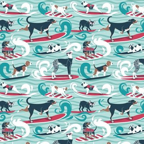 Tiny scale // Happy dogs catching waves // aqua background teal waves brown white and blue doggies red surf and bodyboards