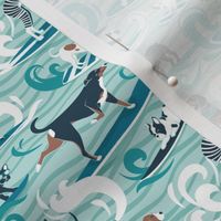 Tiny scale // Happy dogs catching waves // aqua background teal waves brown white and blue doggies turquoise surf and bodyboards