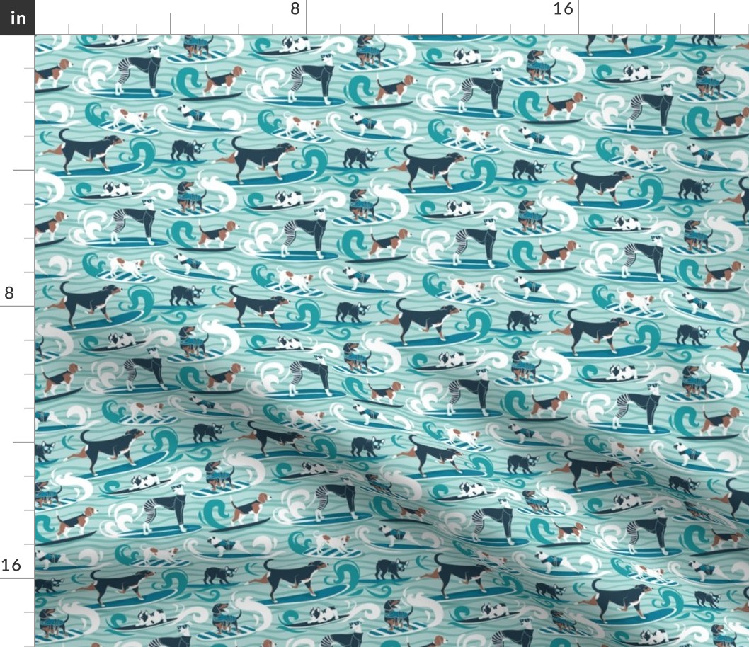 Tiny scale // Happy dogs catching waves // aqua background teal waves brown white and blue doggies turquoise surf and bodyboards