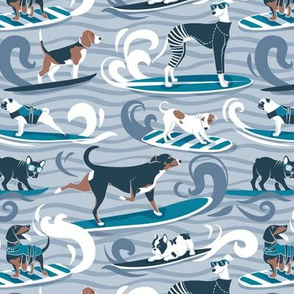 Small scale // Happy dogs catching waves // pastel blue background darker blue waves brown white and blue doggies turquoise surf and bodyboards