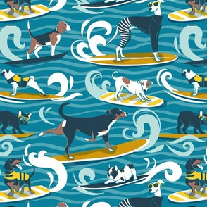 Small scale // Happy dogs catching waves // turquoise background aqua waves brown white and blue doggies yellow surf and bodyboards