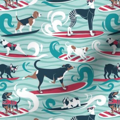 Small scale // Happy dogs catching waves // aqua background teal waves brown white and blue doggies red surf and bodyboards