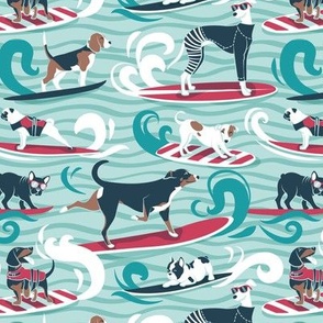 Small scale // Happy dogs catching waves // aqua background teal waves brown white and blue doggies red surf and bodyboards