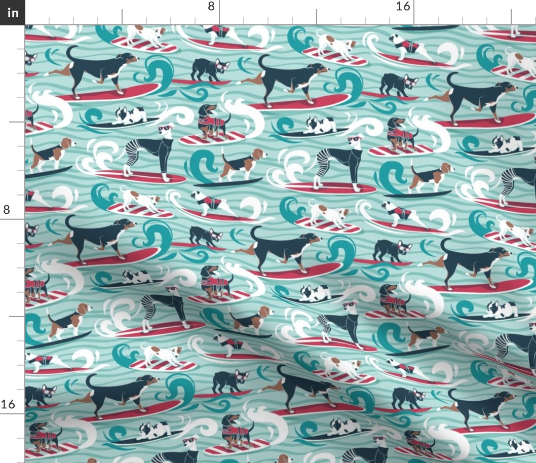 Small scale // Happy dogs catching waves // aqua background teal waves brown white and blue doggies red surf and bodyboards