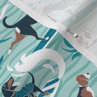 Small scale // Happy dogs catching waves // aqua background teal waves brown white and blue doggies turquoise surf and bodyboards