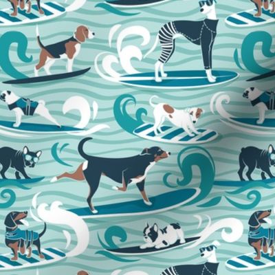 Small scale // Happy dogs catching waves // aqua background teal waves brown white and blue doggies turquoise surf and bodyboards