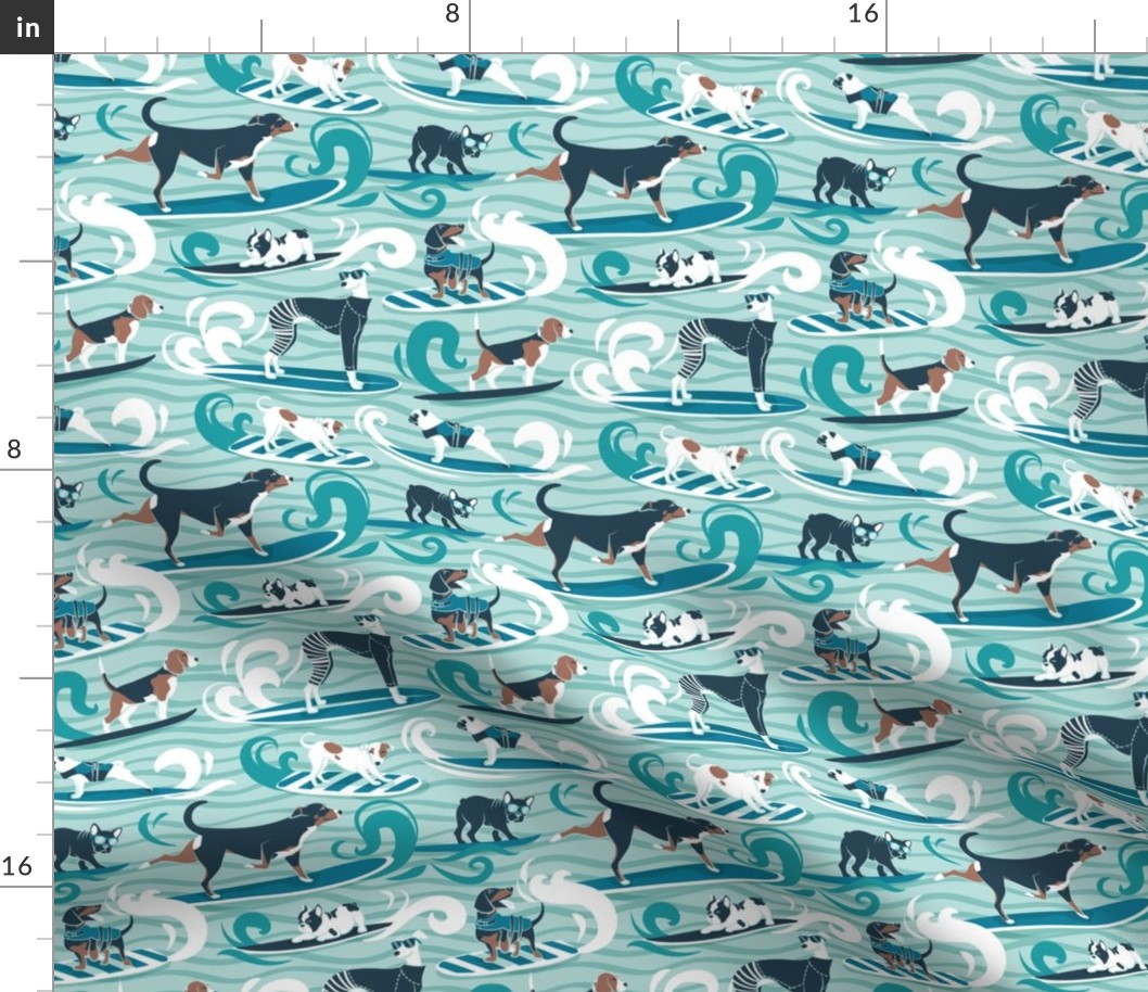 Small scale // Happy dogs catching waves // aqua background teal waves brown white and blue doggies turquoise surf and bodyboards