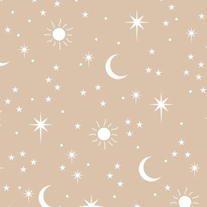 Mystic boho universe sun moon phase and stars sweet dreams neutral nursery latte beige camel