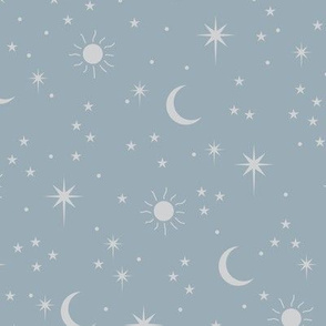 Mystic boho universe sun moon phase and stars sweet dreams neutral nursery cool blue stone gray