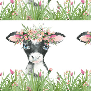 14"x14" patch floral grass baby cow on white background
