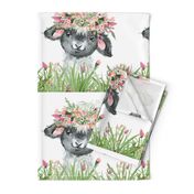 14"x14" patch floral grass baby sheep on white background