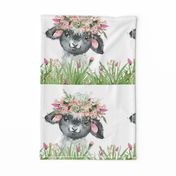 14"x14" patch floral grass baby sheep on white background