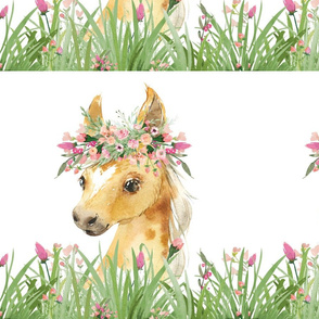 14"x14" patch floral grass baby horse on white background