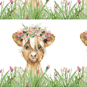 14"x14" patch floral grass baby highland cow on white background