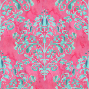 Damask Wallpaper Hot Pink Mint Large scale