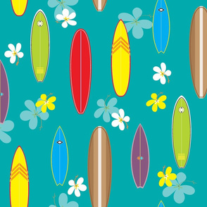 Hanalei Surfboards  and Hibiscus Flowers on ocean blue