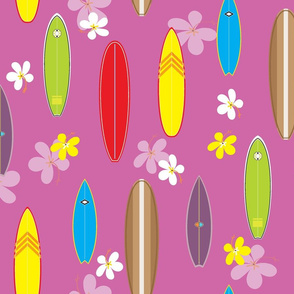 Hanalei Surfboards and Hibiscus Flowers on orchid pink