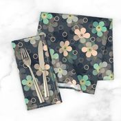 Beige and turquoise flowers on gray blue background retro 