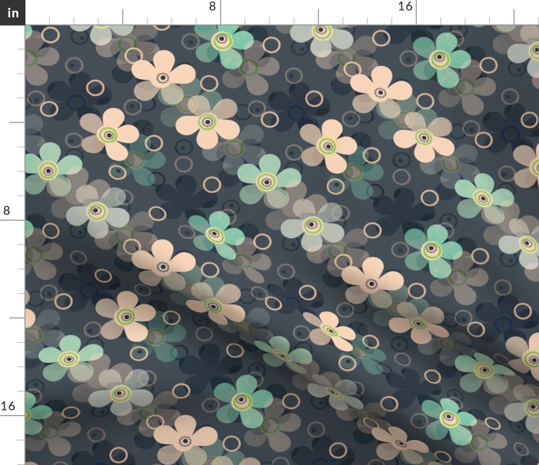 Beige and turquoise flowers on gray blue background retro 