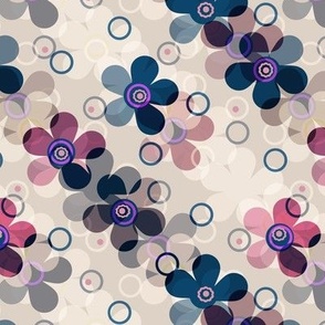 Beige retro pattern with blue and pink flowers